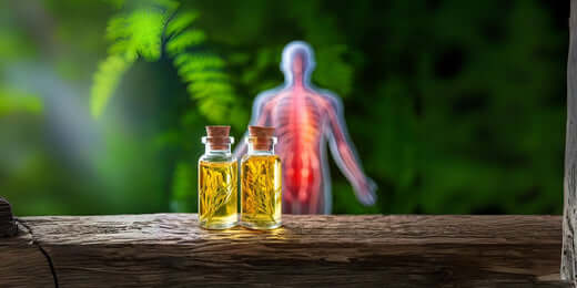 This image features two glass bottles filled with golden herbal tinctures, likely showcasing White Willow Bark and Arnica, resting on a rustic wooden surface.
