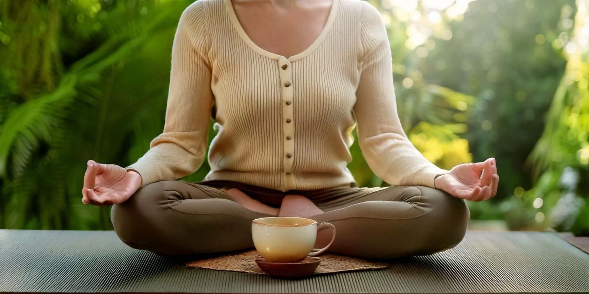 This image beautifully captures the theme of holistic wellness through mindful practices. A person is seated cross-legged in a meditative pose, surrounded by lush green foliage, with a warm cup of tea resting in front.
