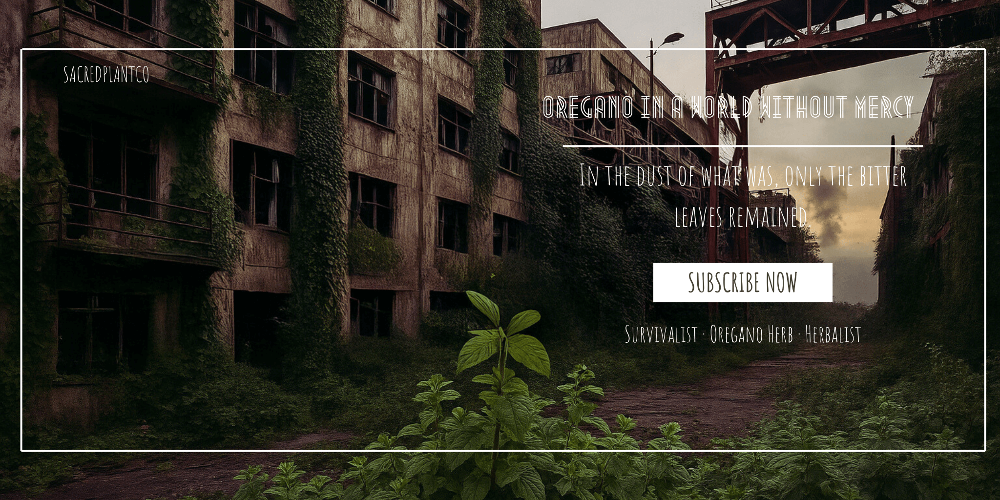 Oregano plant thriving in an overgrown post-apocalyptic ruin—symbol of herbal resilience, survivalist wisdom, and bitter healing in a world reclaimed by nature.