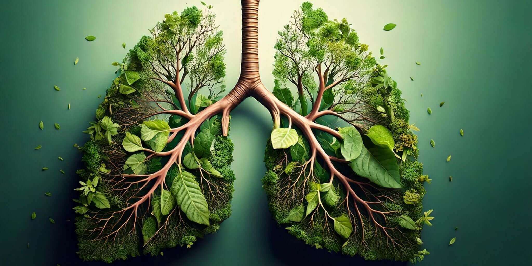 A creative depiction of lungs made from vibrant green foliage, tree branches, and leaves, symbolizing natural respiratory health.