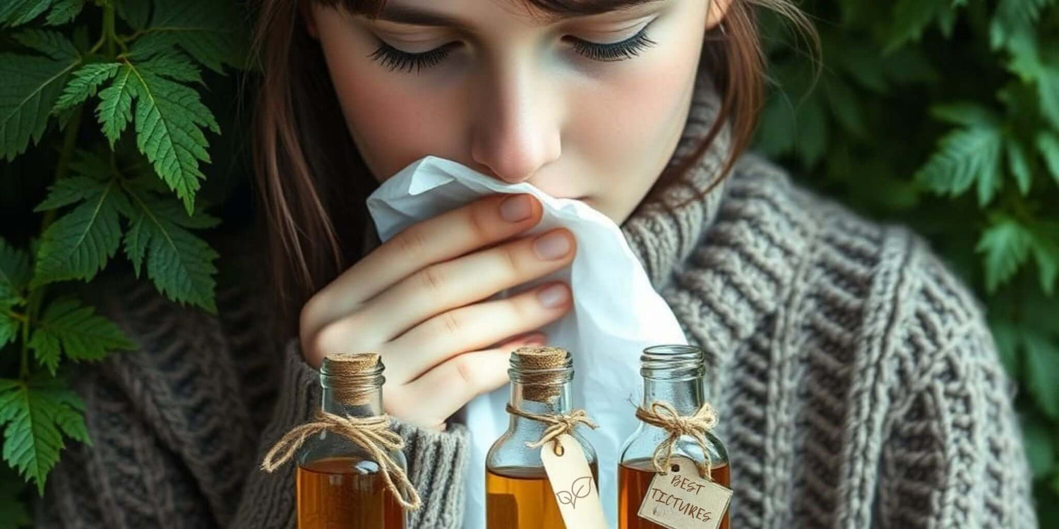A woman holding a tissue to her nose, surrounded by lush green foliage and glass bottles of herbal tinctures tied with twine, symbolizing natural remedies for seasonal and environmental symptoms.