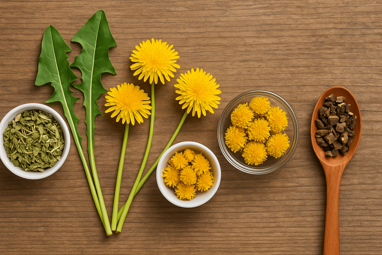 Dried dandelion root, leaf, and whole flower heads with fresh dandelion on wood background.