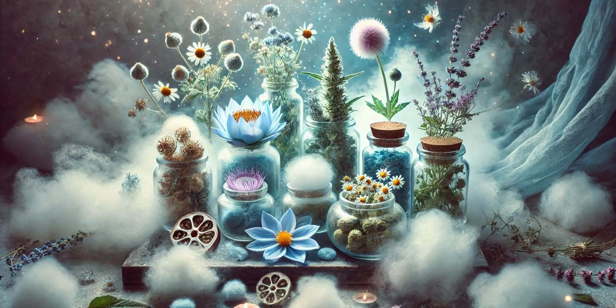 A photo with the ingredients of calea zacatechichi, mugwort, blue locus, valerian root, chamomile, passion flower, with dream like clouds surrounds the ingredients on a cloud.