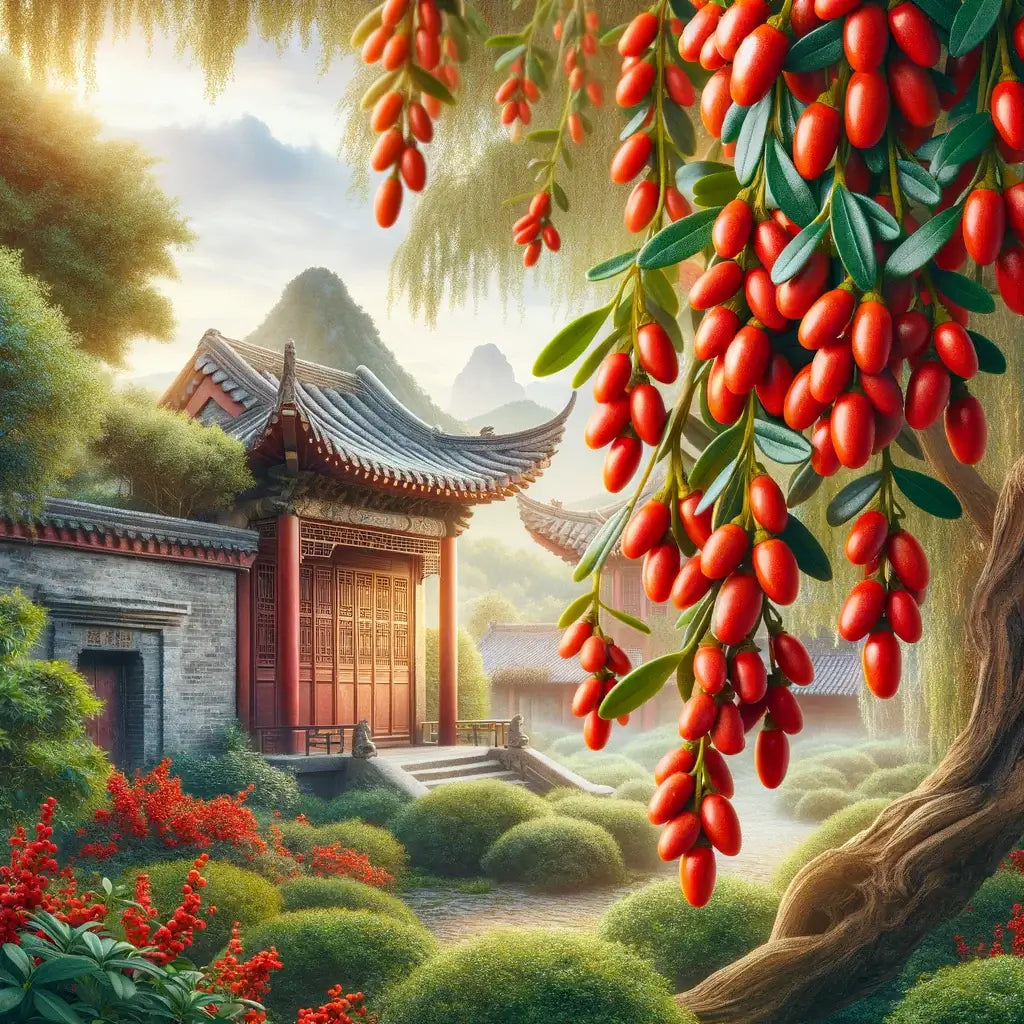 Cluster of Goji berries in the foreground with a traditional Chinese garden and architecture in the background, evoking the cultural heritage of the berry.