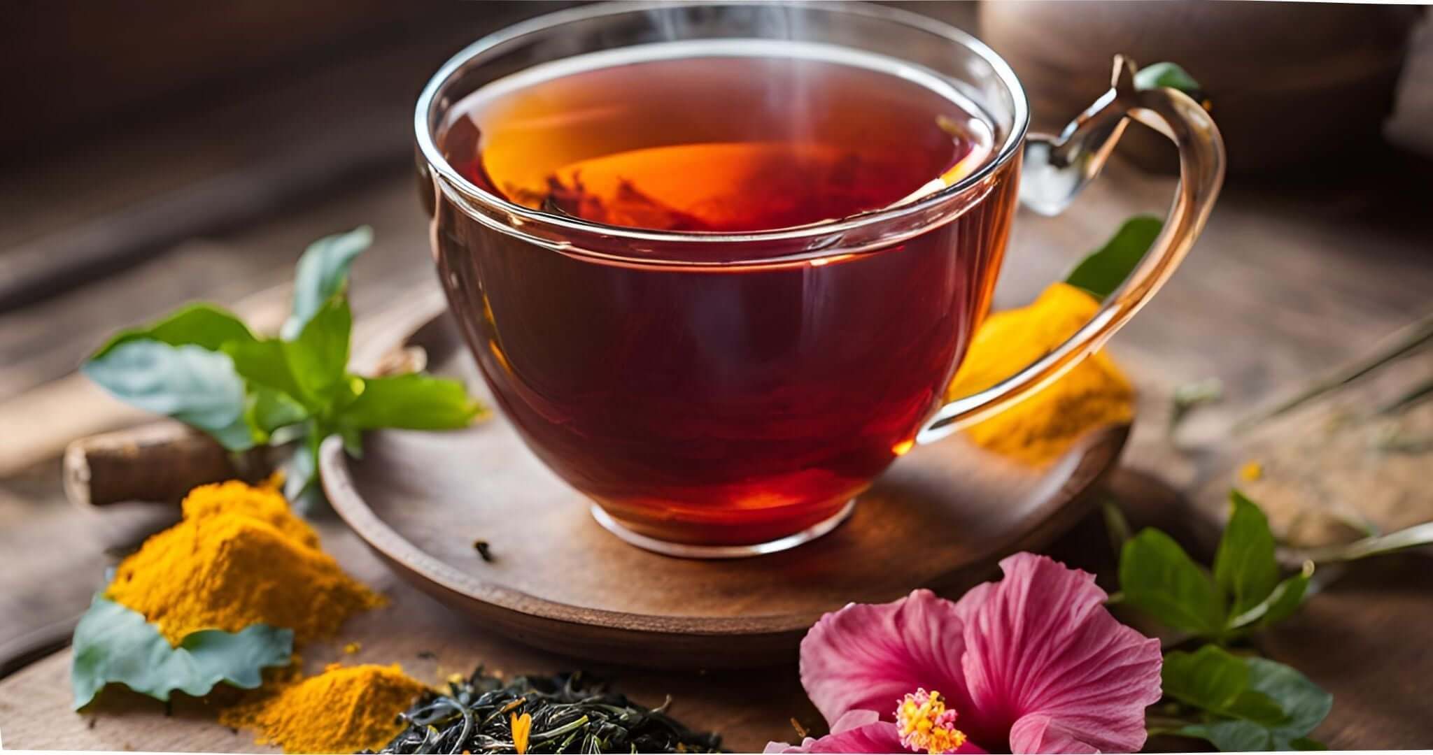 Steaming cup of herbal tea with hibiscus, turmeric, and green tea leaves, showcasing natural anti-aging benefits. Herbal tea for rejuvenation and vitality.