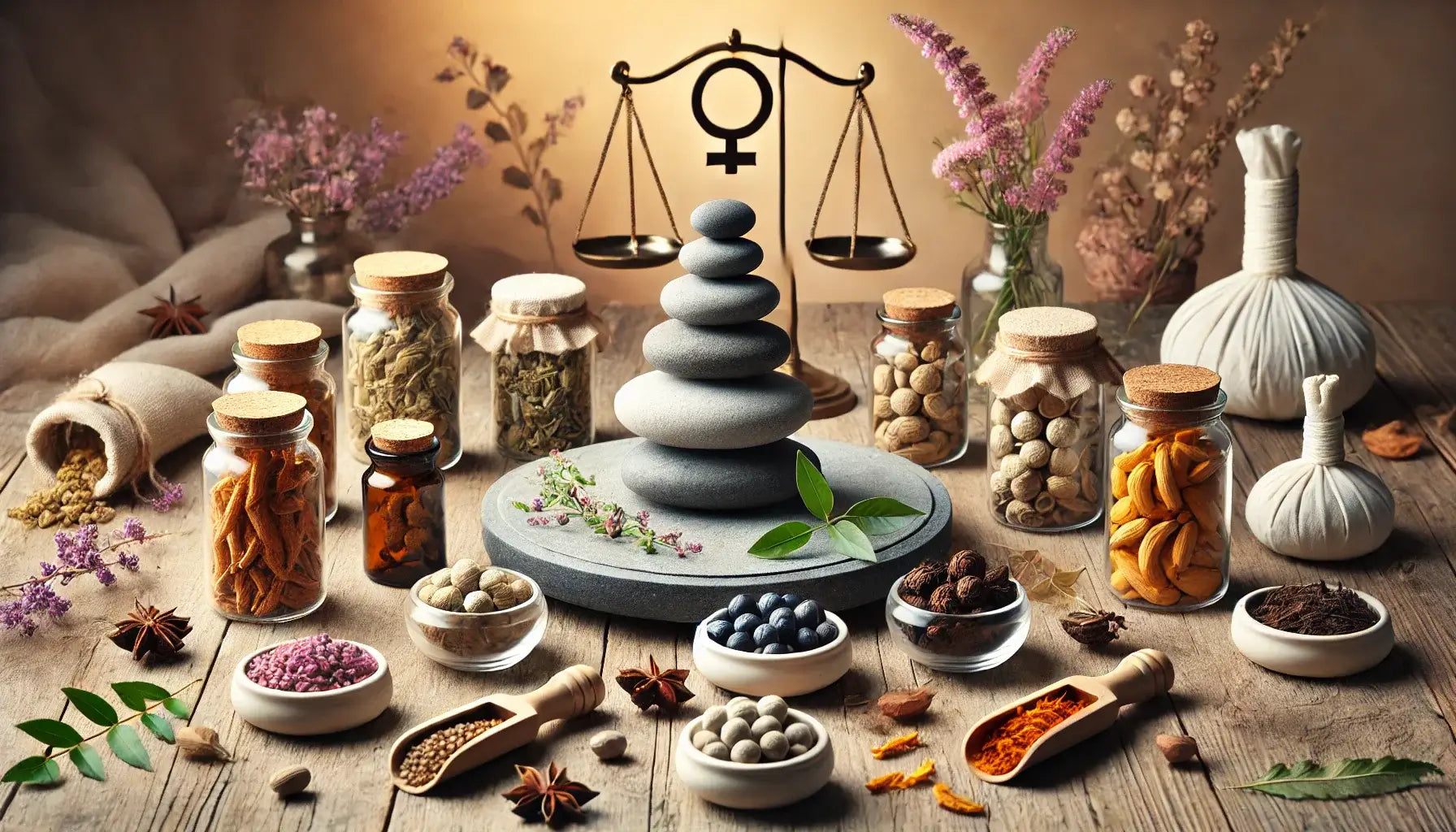 Wellness display with herbs for hormonal balance: Ashwagandha, Maca, Vitex, Holy Basil.