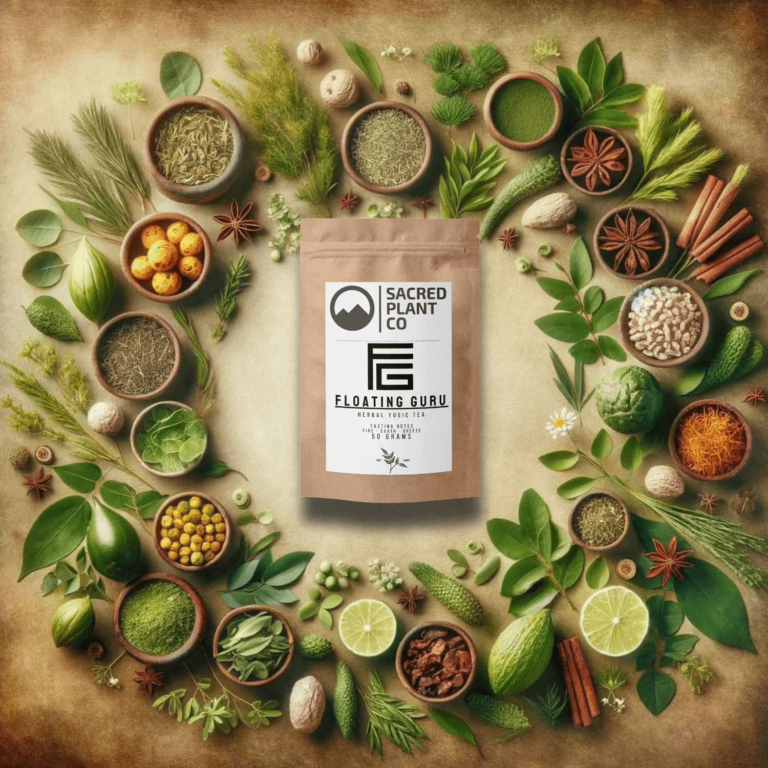Sacred Plant Co Wholesale Floating Guru tea bag surrounded by wholesale herbs.