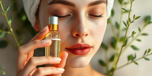 A serene close-up of a woman with glowing, hydrated skin, holding a small bottle labeled Resurrection Plant Tincture.