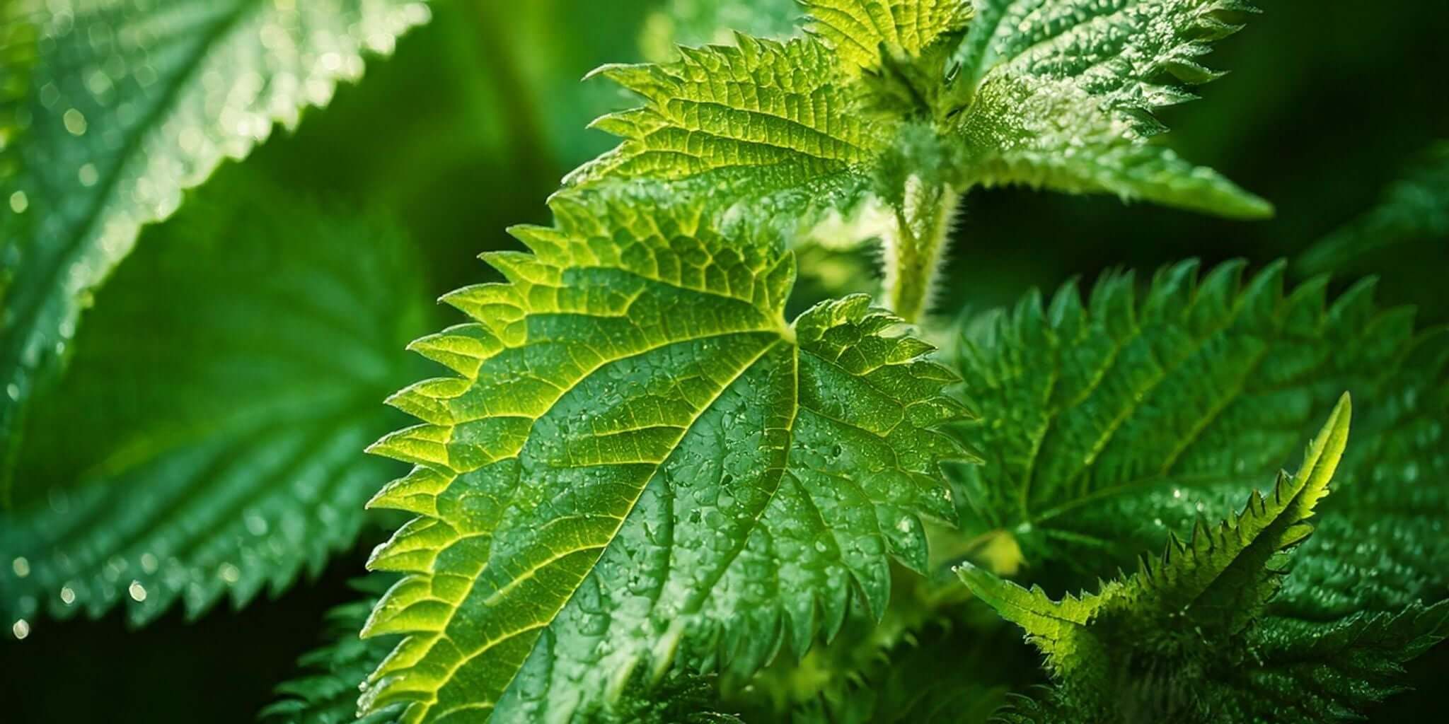 This image captures a vibrant, close-up view of stinging nettle leaves, showcasing their serrated edges and fresh, dewy texture in natural lighting.