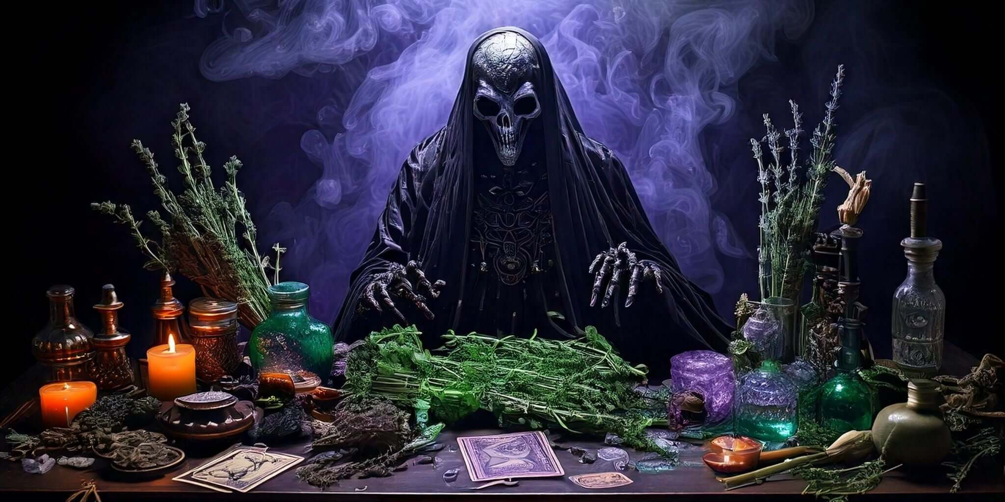 Mystical scene featuring an enigmatic figure surrounded by herbs, candles, and ancient tools, symbolizing the use of plants in banishing negative energies and spiritual rituals.