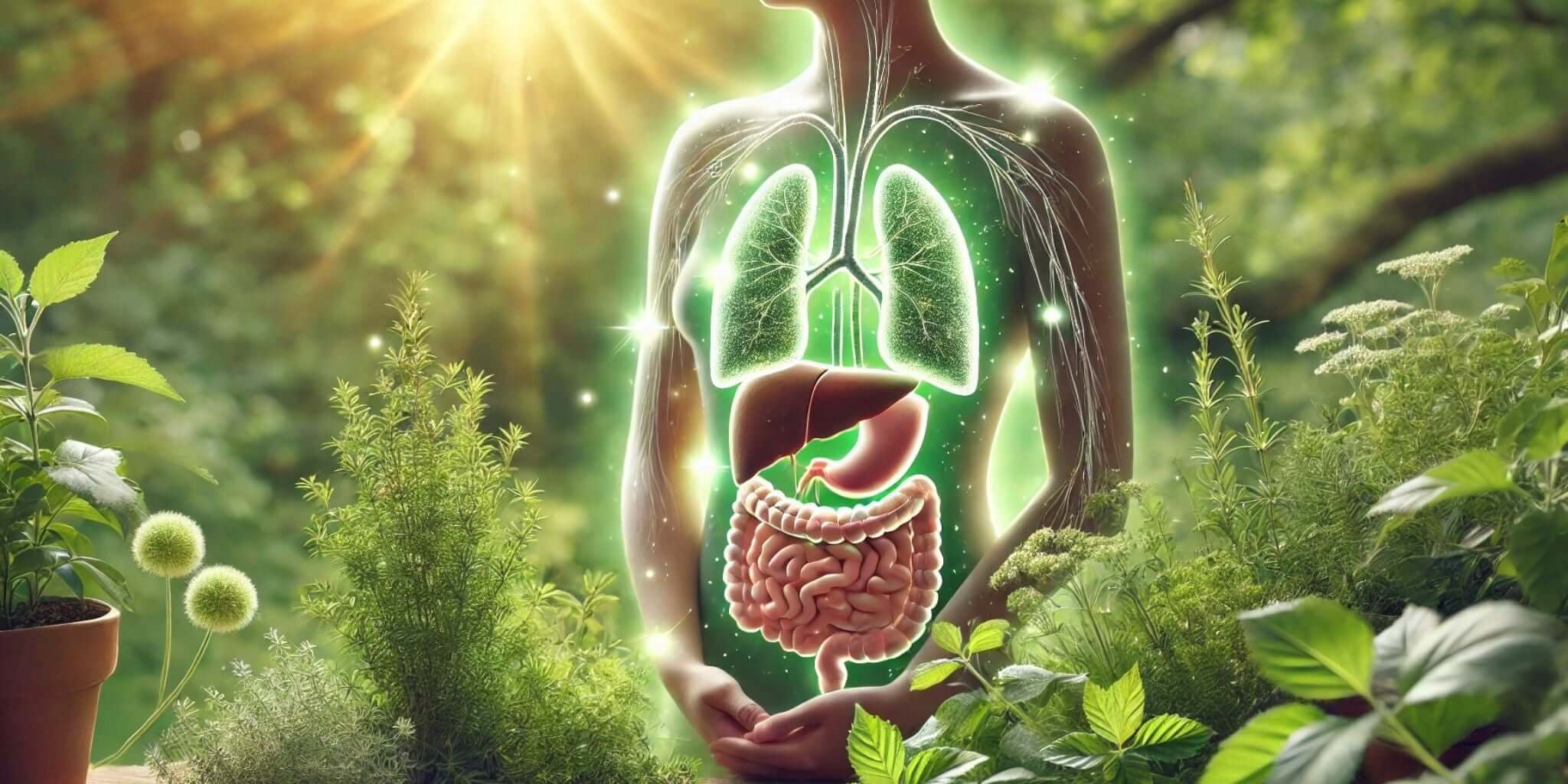 Illustration of the human body's detox organs—lungs, liver, and digestive system—highlighted against a lush green background with sunlight filtering through, symbolizing the cleansing power of natural detox herbs.