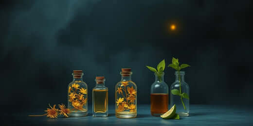 A collection of glass bottles filled with herbal tinctures, showcasing vibrant yellow flowers, green leaves, and a slice of lime.