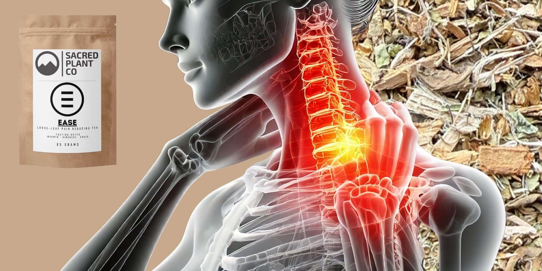 This image creatively illustrates joint pain relief, with a focus on the neck and spine, highlighted by red and yellow tones to signify discomfort or inflammation.