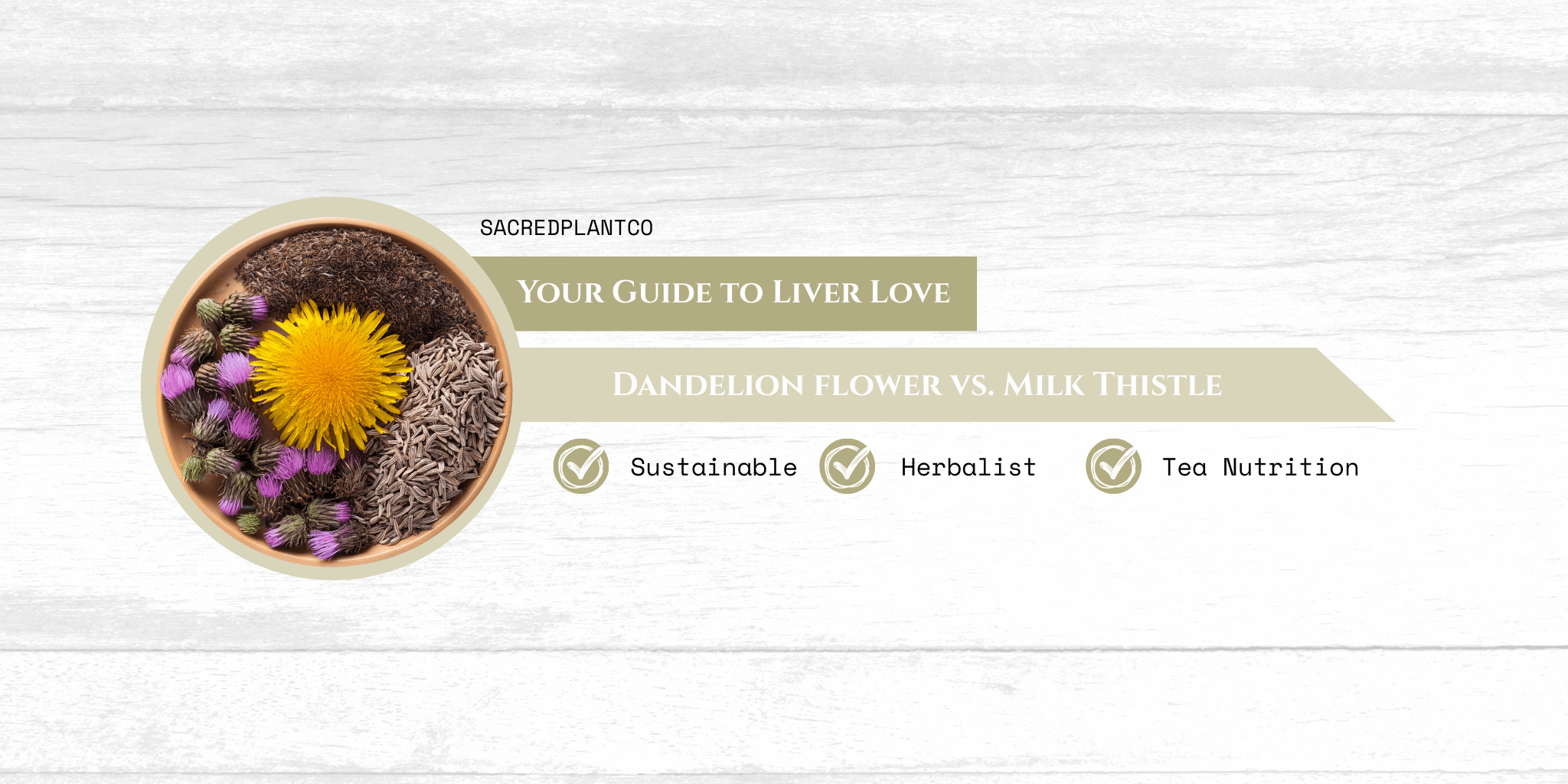 Colorful comparison of dried dandelion flower, milk thistle blossoms, and seeds in a ceramic bowl on white wood background, highlighting liver health and herbal tea nutrition benefits.