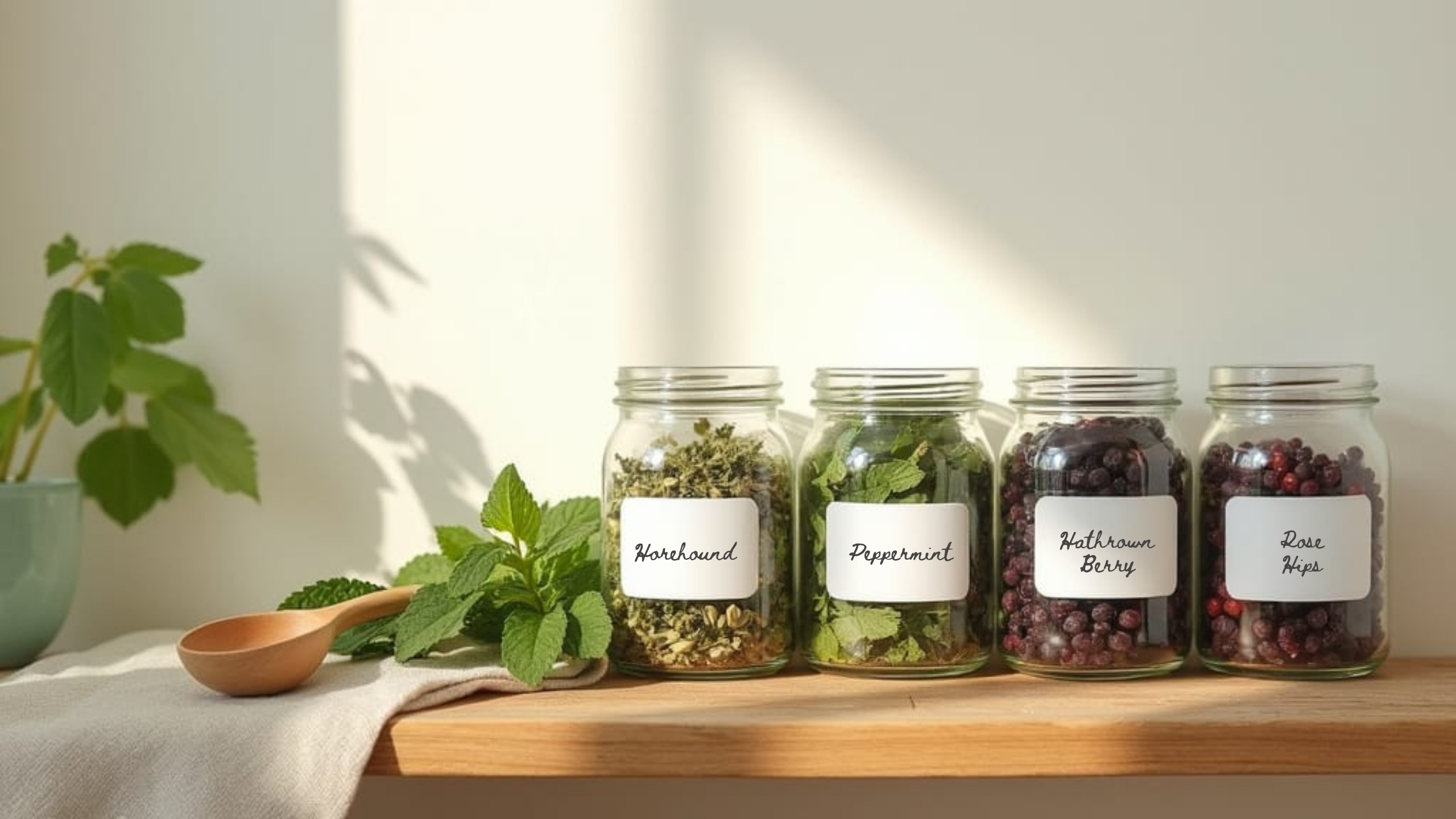 Bulk herb storage in glass jars.