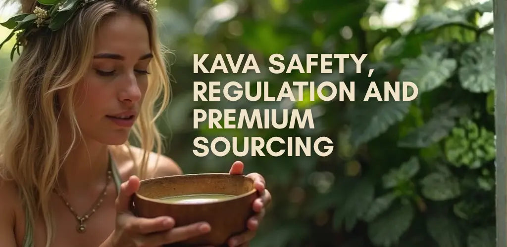 Woman holding a traditional kava bowl surrounded by lush green plants, symbolizing kava safety, regulation, and premium sourcing at Sacred Plant Co.