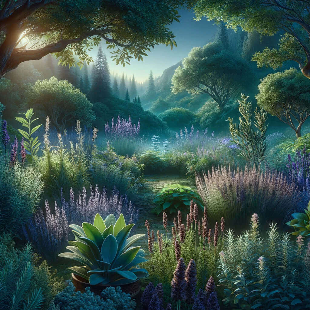 serene image showcasing a mystical garden with herbs known for protection and spiritual healing, such as sage, lavender, rosemary, and mugwort.