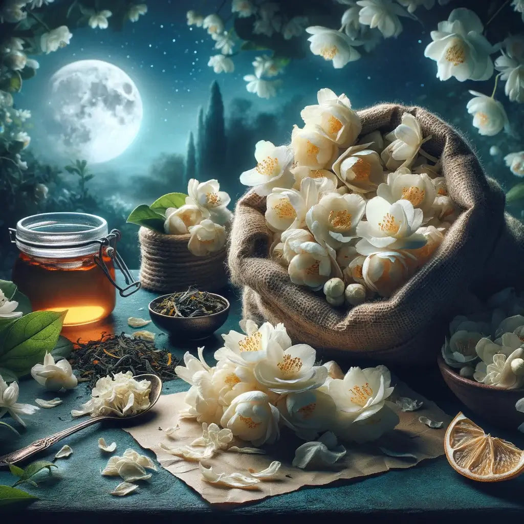 An image depicting an opened bag of dried Jasmine flowers from Sacred Plant Co, with petals gently spilling out onto a table.