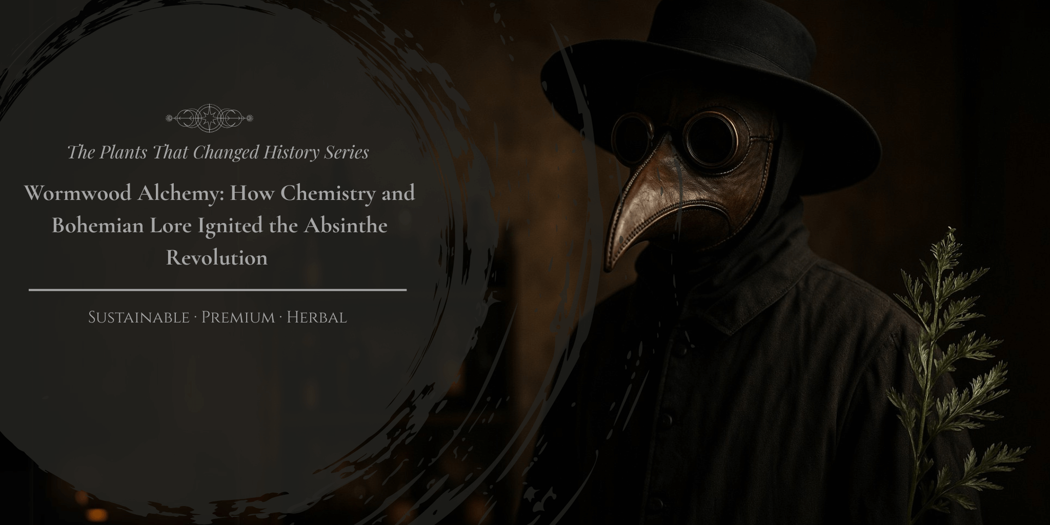Plague doctor figure holding fresh Wormwood against a moody backdrop. Highlights herbal alchemy, historical mystique, and the botanical roots of the Absinthe Revolution.