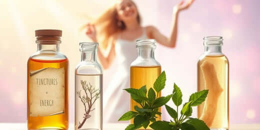 Four glass bottles of herbal tinctures, each filled with vibrant liquids and natural ingredients, are displayed on a bright surface.