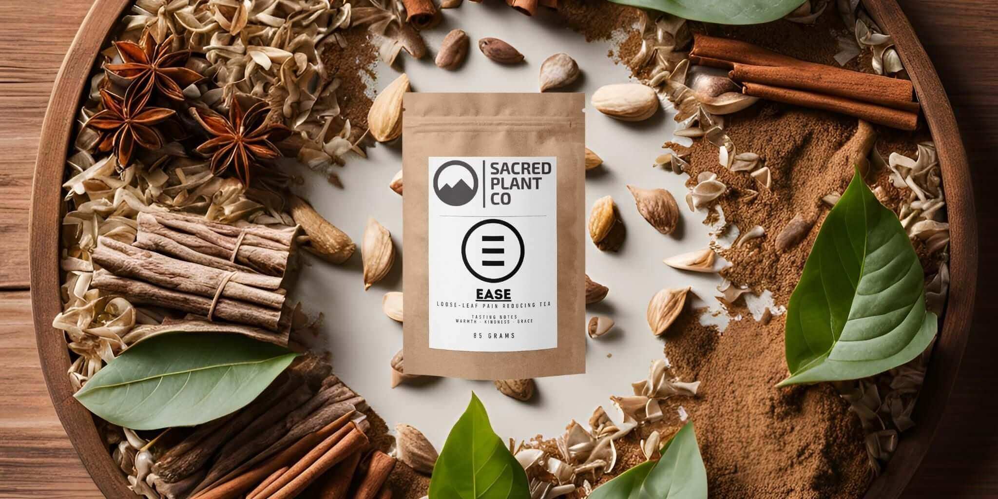 Sacred Plant Co's Ease Tea blend with star anise, cinnamon, and herbs for natural pain relief and comfort. Loose-leaf tea for warmth and relaxation.