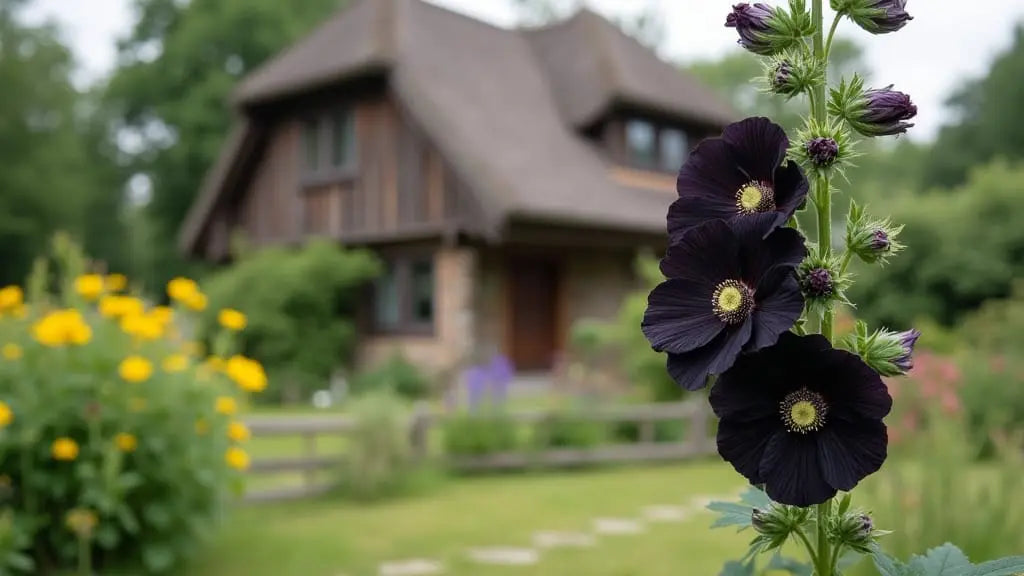 Dark violet hollyhock blossoms towering in a lush cottage garden with a rustic timber-roof house blurred in the background