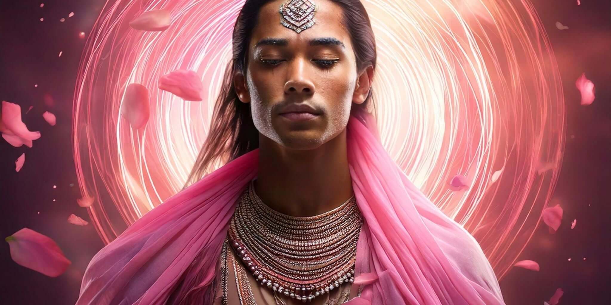 A captivating image portraying the spiritual essence of rose petals. A serene individual, adorned in ethereal pink attire and intricate jewelry, radiates calmness and power with their eyes closed in meditation.