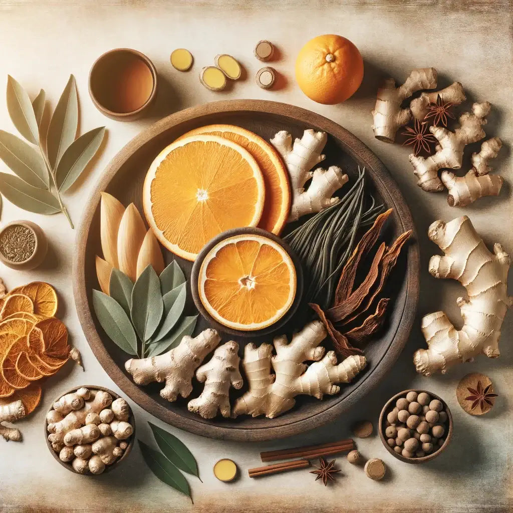 Harmonious arrangement of TCM herbs Astragalus, Orange Peel, Ginger, and Licorice Root, symbolizing natural balance and health in managing phlegm