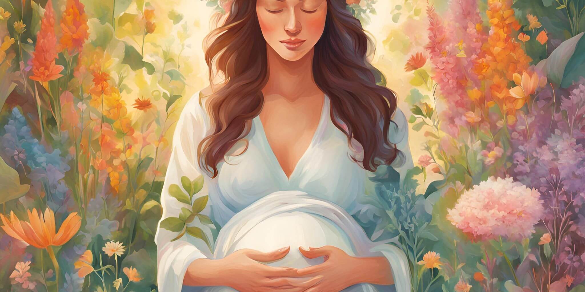 Illustrated pregnant woman in a serene floral setting, surrounded by vibrant, colorful flowers, symbolizing natural fertility support and the gentle power of herbs for reproductive health.