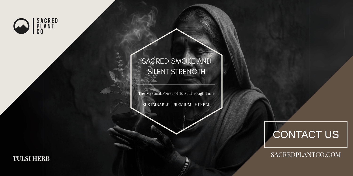 Elder Indian woman with Tulsi plant releasing sacred smoke. Captures the mystical power, spiritual resilience, and healing strength of Holy Basil in cultural rituals.