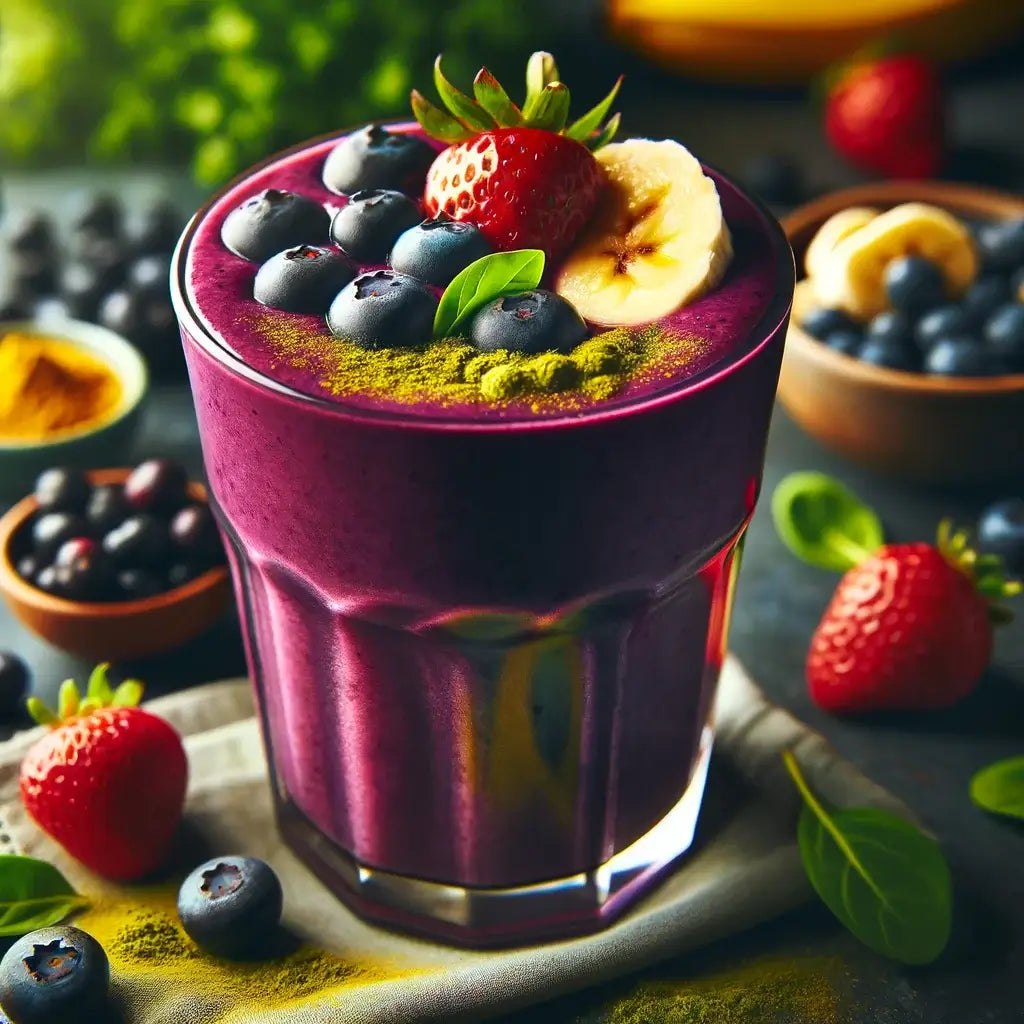 Amla powder smoothie. The smoothie is vividly portrayed in a tall glass, complete with garnishes and surrounded by fresh ingredients.