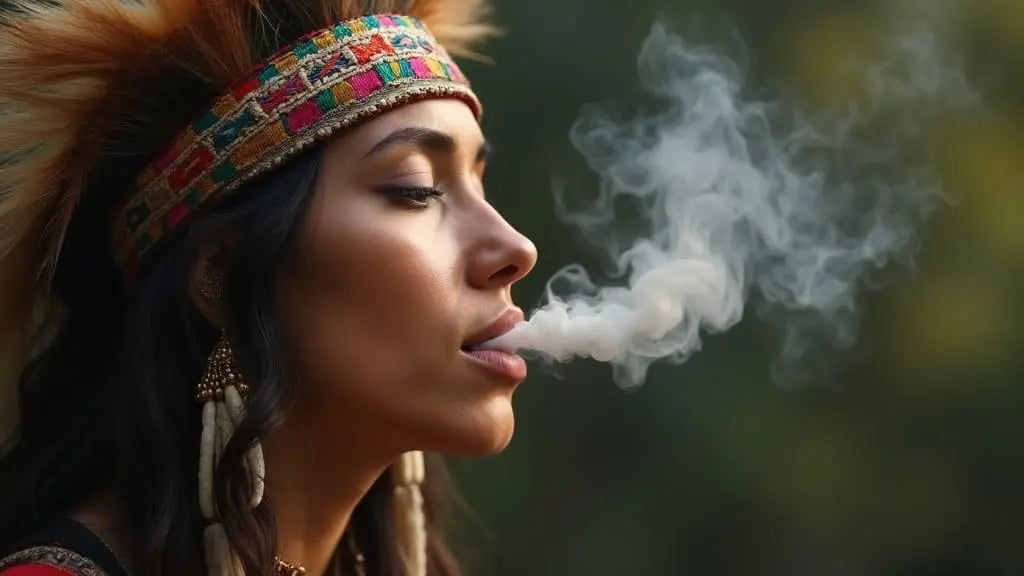Woman in traditional ceremonial attire exhaling aromatic smoke during smoke cleansing ritual, demonstrating ancient cultural practice with botanical herbs in natural outdoor setting