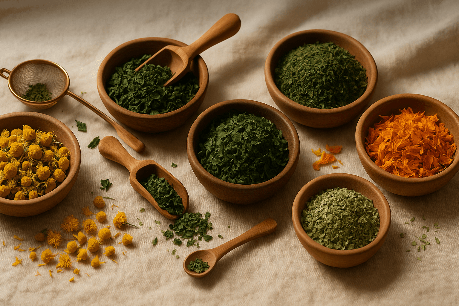 Flat-lay of handcrafted wooden bowls filled with cut-and-sifted chamomile, peppermint, nettle, lemon balm and vibrant calendula petals, accented by a brass tea strainer and wooden scoops.