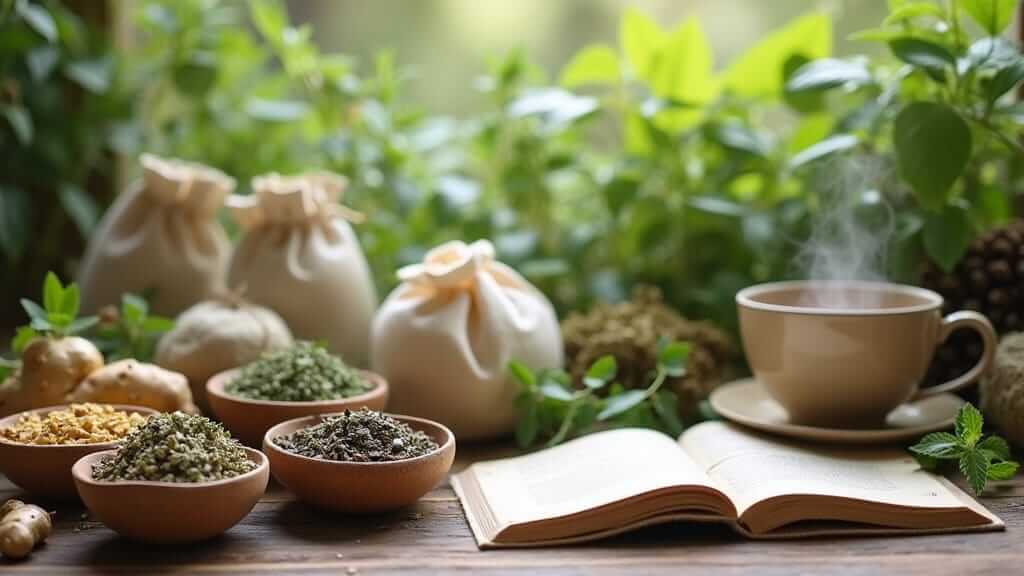 A serene, nature-inspired herbal apothecary setup featuring bowls of dried digestive herbs, fresh ginger, and mint leaves arranged on a rustic wooden table.
