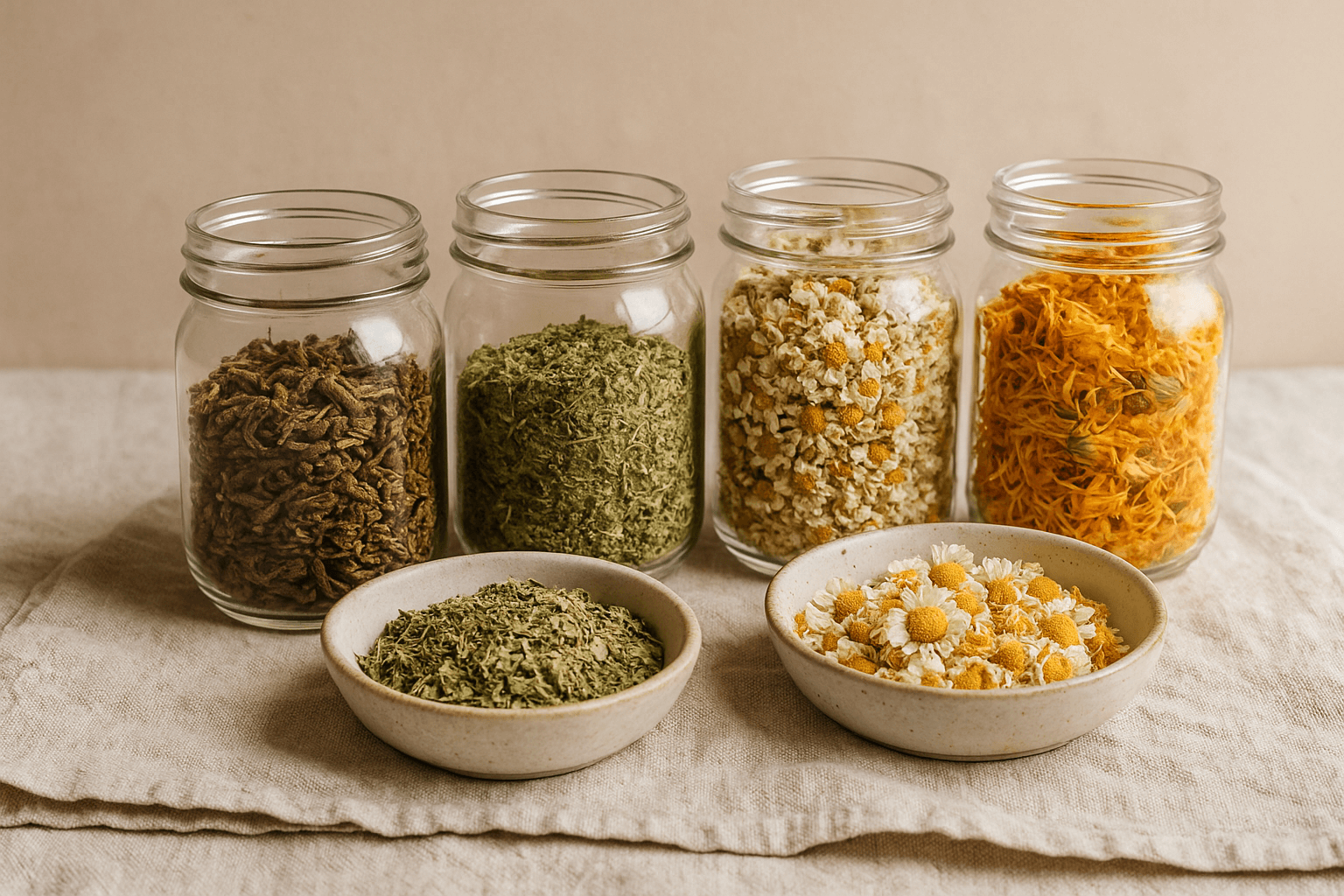 A photograph showcases herbs for nerve regeneration and nervous system support—dried valerian root, lemon balm, chamomile, and calendula neatly stored in glass jars on linen cloth.