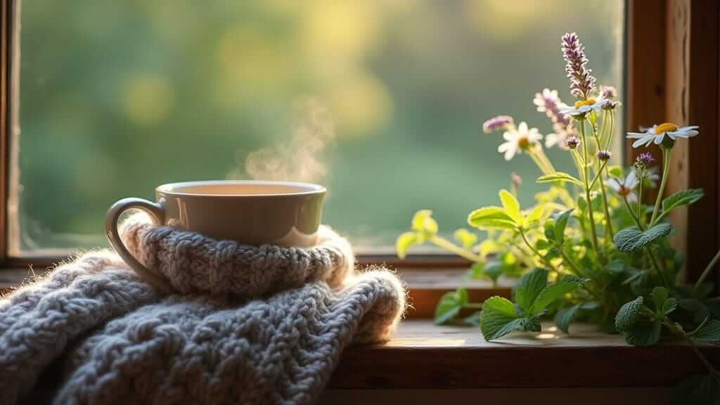 Steaming cup of loose-leaf herbal tea wrapped in a knitted cozy on a sunlit windowsill, framed by fresh chamomile, mint, and lavender sprigs.