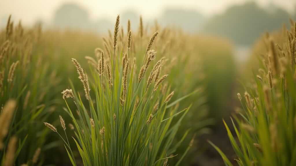 Vibrant sweetgrass (Hierochloe odorata) growing in neat rows on a misty morning, symbolizing Sacred Plant Co's commitment to sustainable, living herbal plants cultivated with care and tradition.