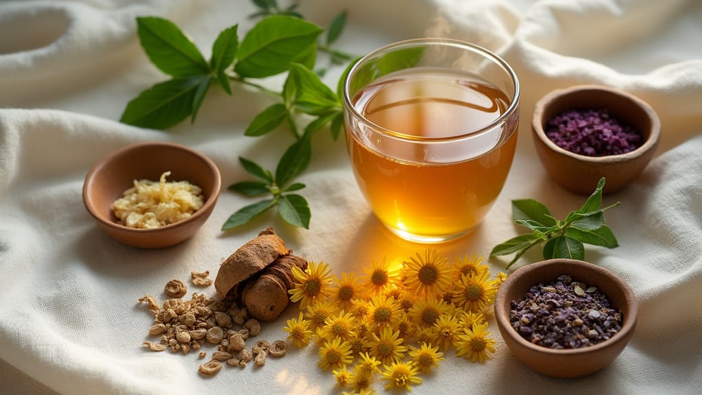 Glass cup of calming herbal tea surrounded by chamomile flowers, turmeric root, passionflower powder, shredded adaptogenic roots, and fresh green basil leaves on a soft linen cloth—stress-support botanicals from Sacred Plant Co.