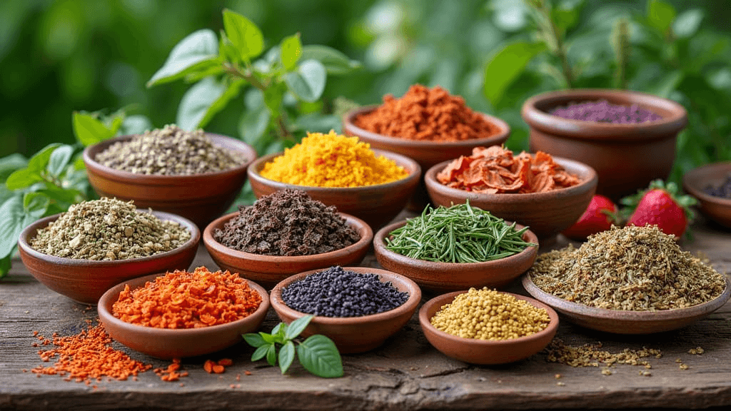 A colorful assortment of dried herbs and spices displayed in handcrafted clay bowls on a rustic wooden table, including turmeric, mustard seeds, rosemary, paprika, and dried florals.