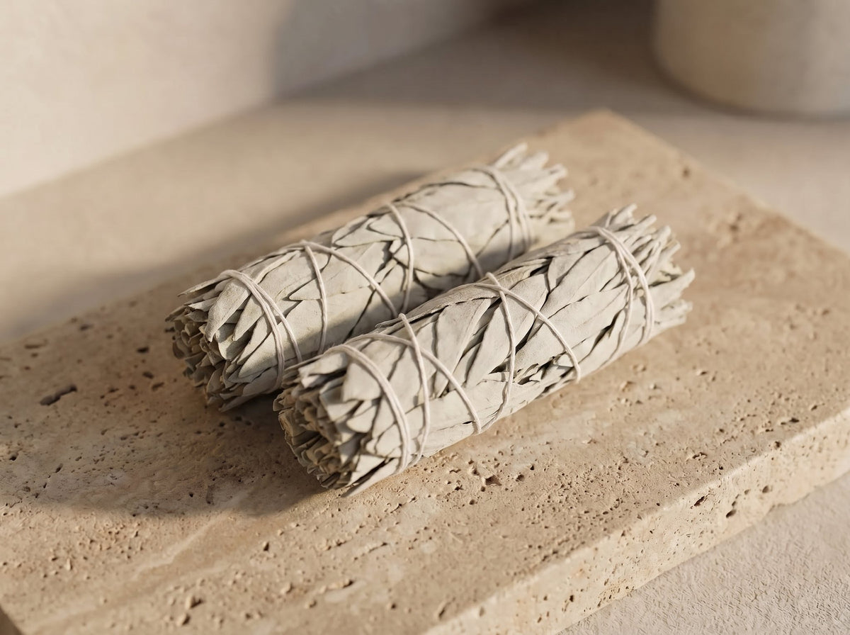 Close-up of two white sage smudge sticks on travertine stone, showing dried leaf texture