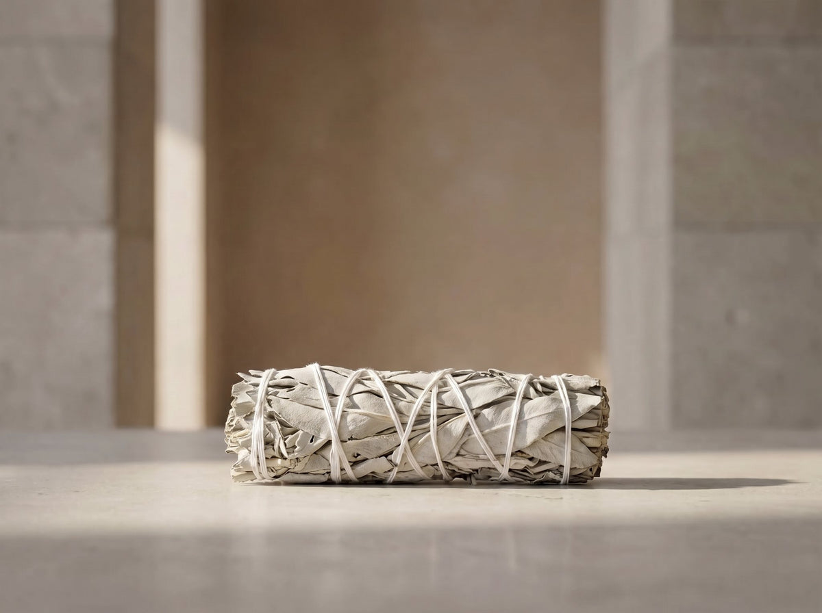 Single 4-inch white sage smudge stick, minimalist product photo