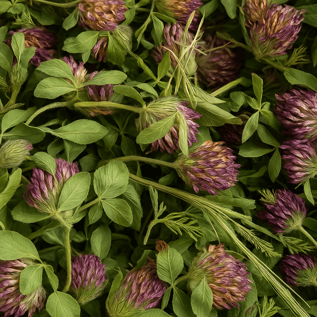Close-up of vibrant dried red clover blossoms with intact green leaves, showcasing the rich purples and fresh textures of Sacred Plant Co’s 2025 harvest.