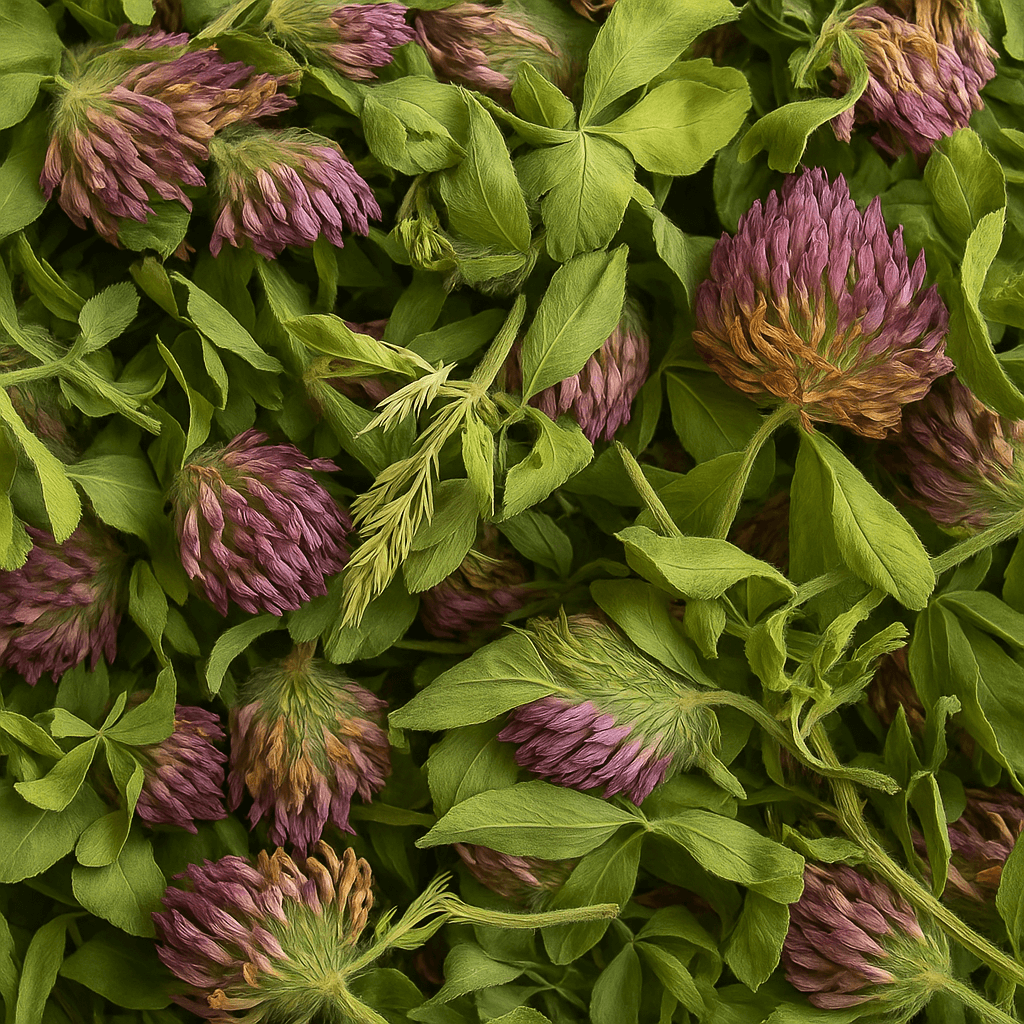 Detailed image of hand-harvested red clover flowers, highlighting full flower heads and leafy stems in a vivid, high-quality presentation from Sacred Plant Co’s 2025 harvest.