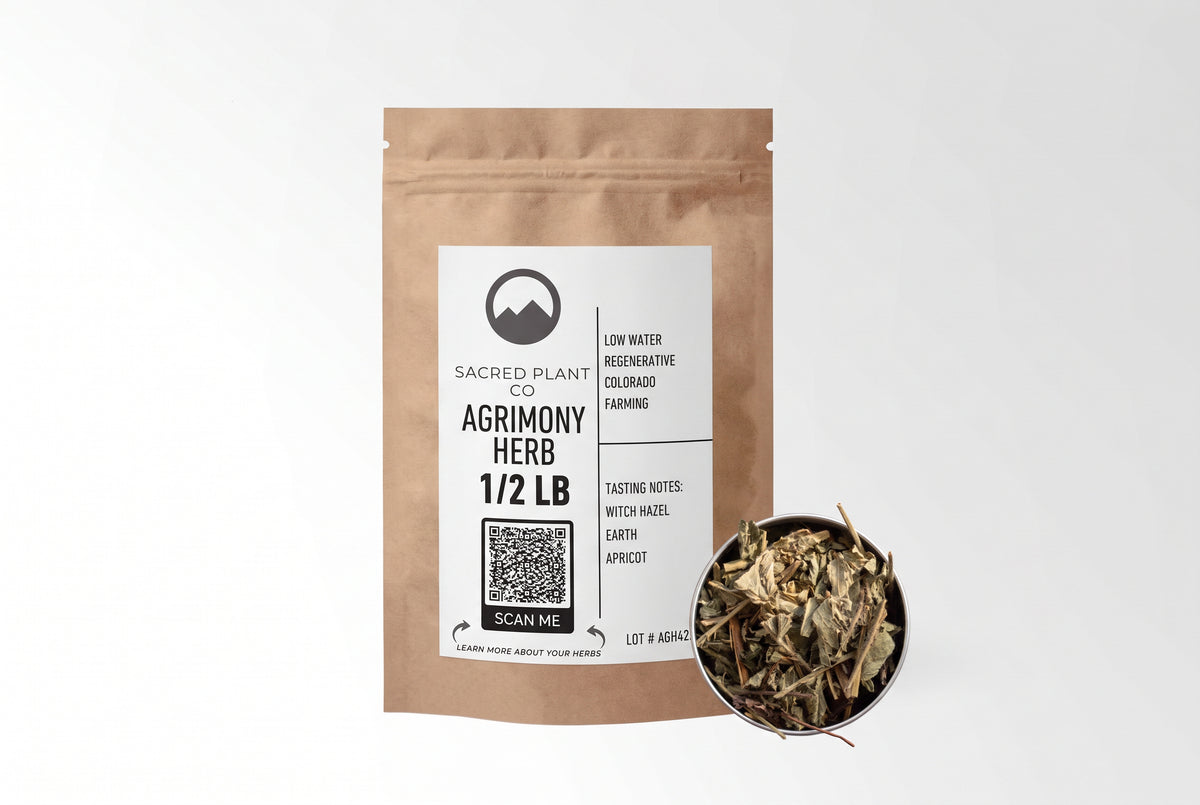 Sacred Plant Co Agrimony Herb 1/2 LB in eco-friendly kraft paper packaging with a sample in a silver tin, ideal for promoting digestive health, soothing the throat, and supporting liver wellness.