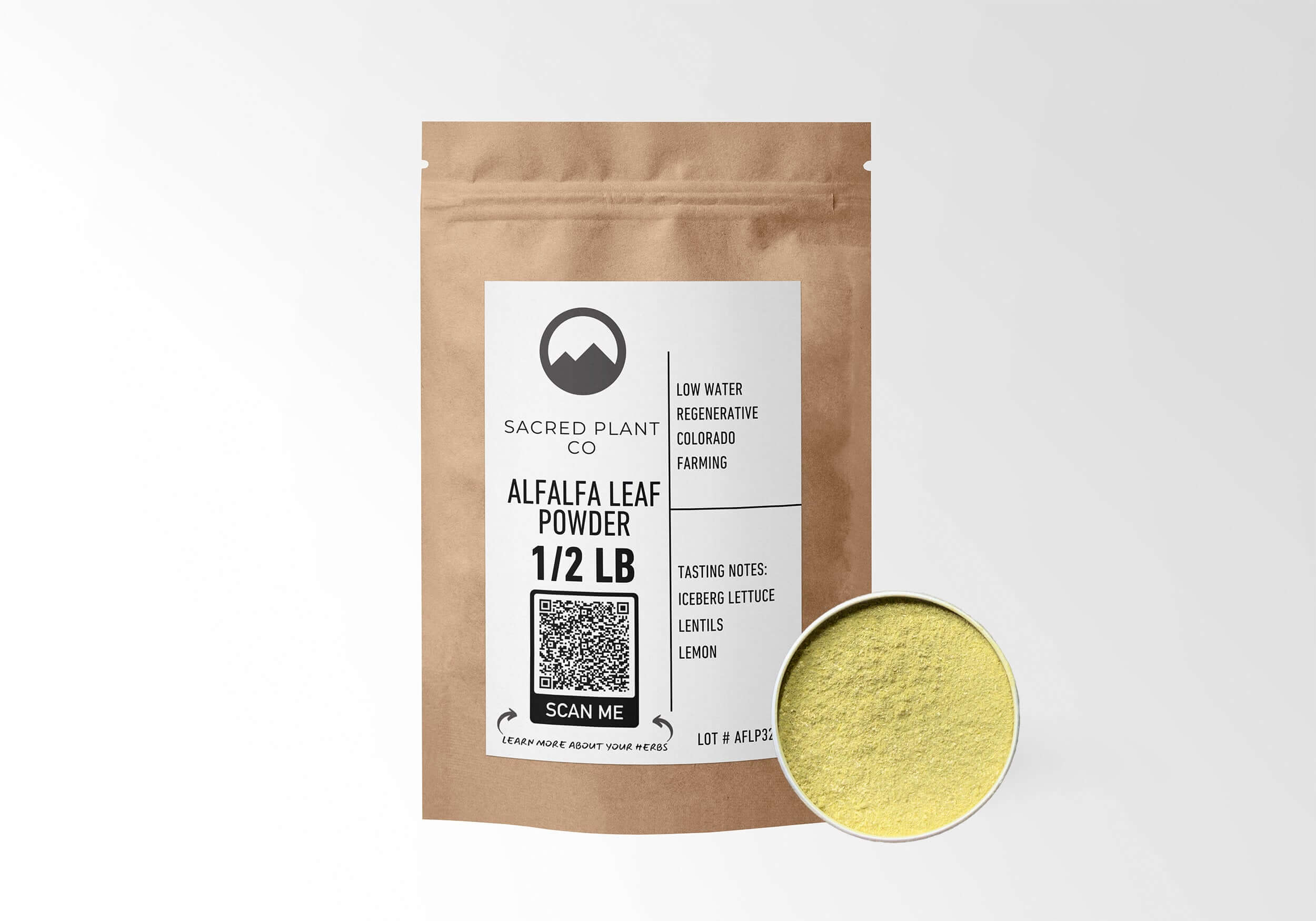 Sacred Plant Co Alfalfa Leaf Powder 1/2 LB in eco-friendly kraft paper packaging, highlighting the use of herb for rich vitamin and mineral supplementation, sample in a silver tin.