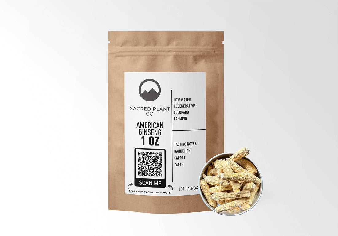 Sacred Plant Co American Ginseng 1 OZ in kraft paper packaging with a sample in a silver tin, used for supporting energy, boosting immunity, and promoting overall vitality.