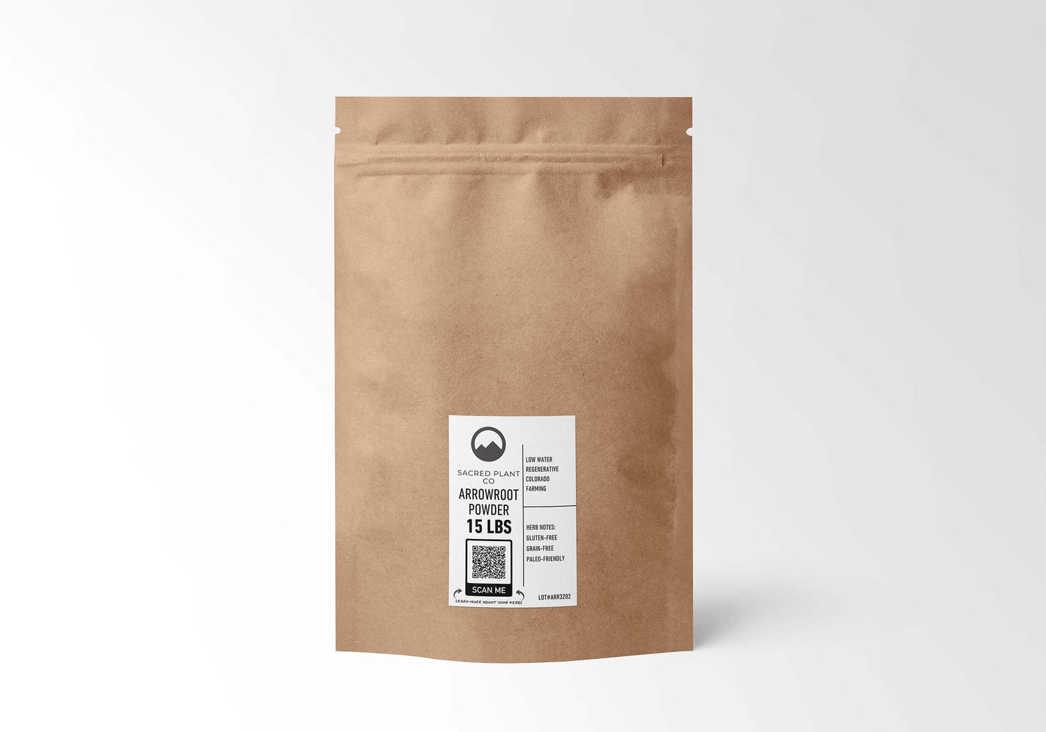 Eco-friendly kraft paper bag of 15 LBS Arrowroot Powder by Sacred Plant Co, grain-free and gluten-free, ideal for paleo diets.