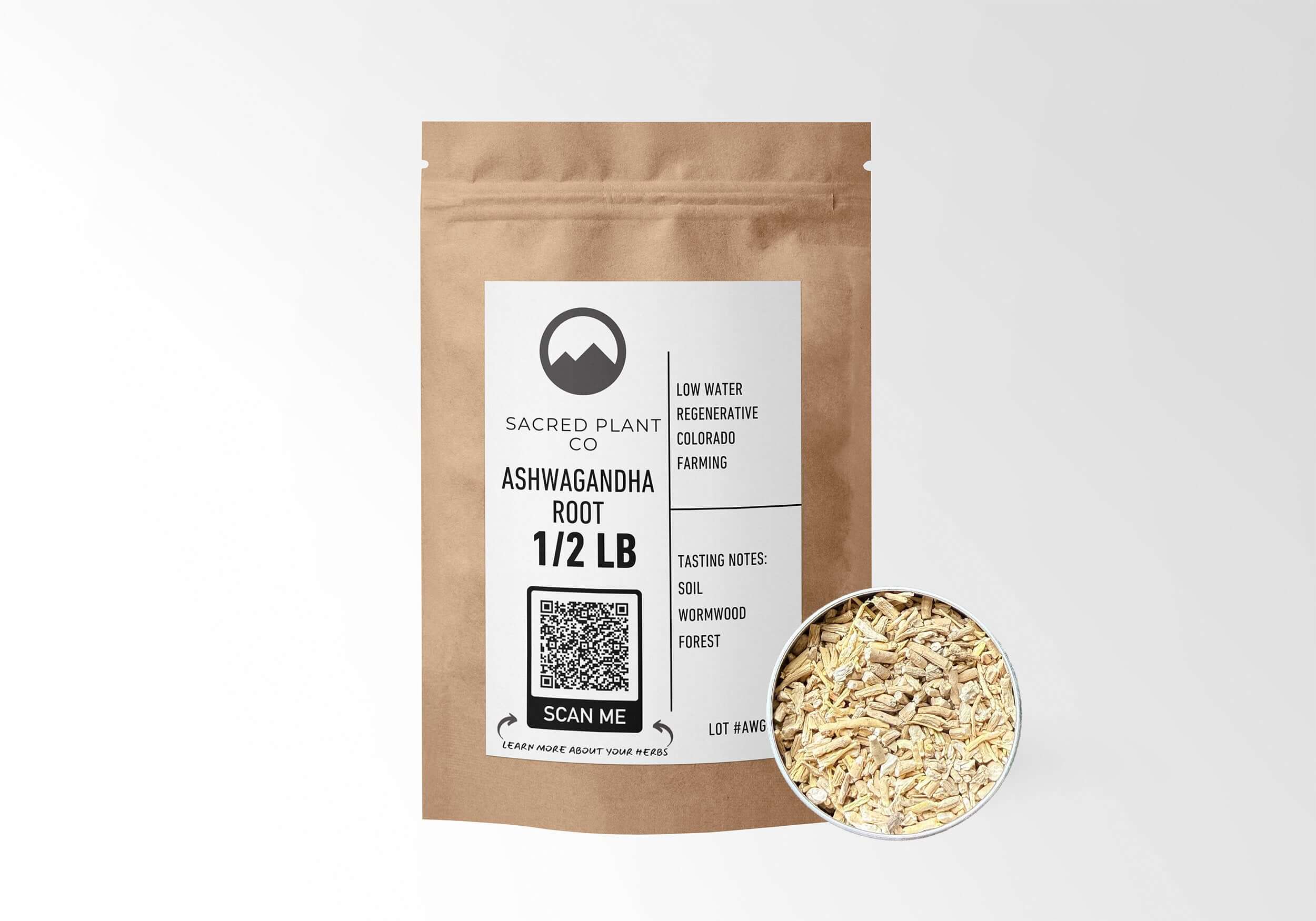 Sacred Plant Co Ashwagandha Root 1/2 LB kraft paper packaging with sample in silver tin showcasing sustainably grown herb for use in stress relief and vitality enhancement.