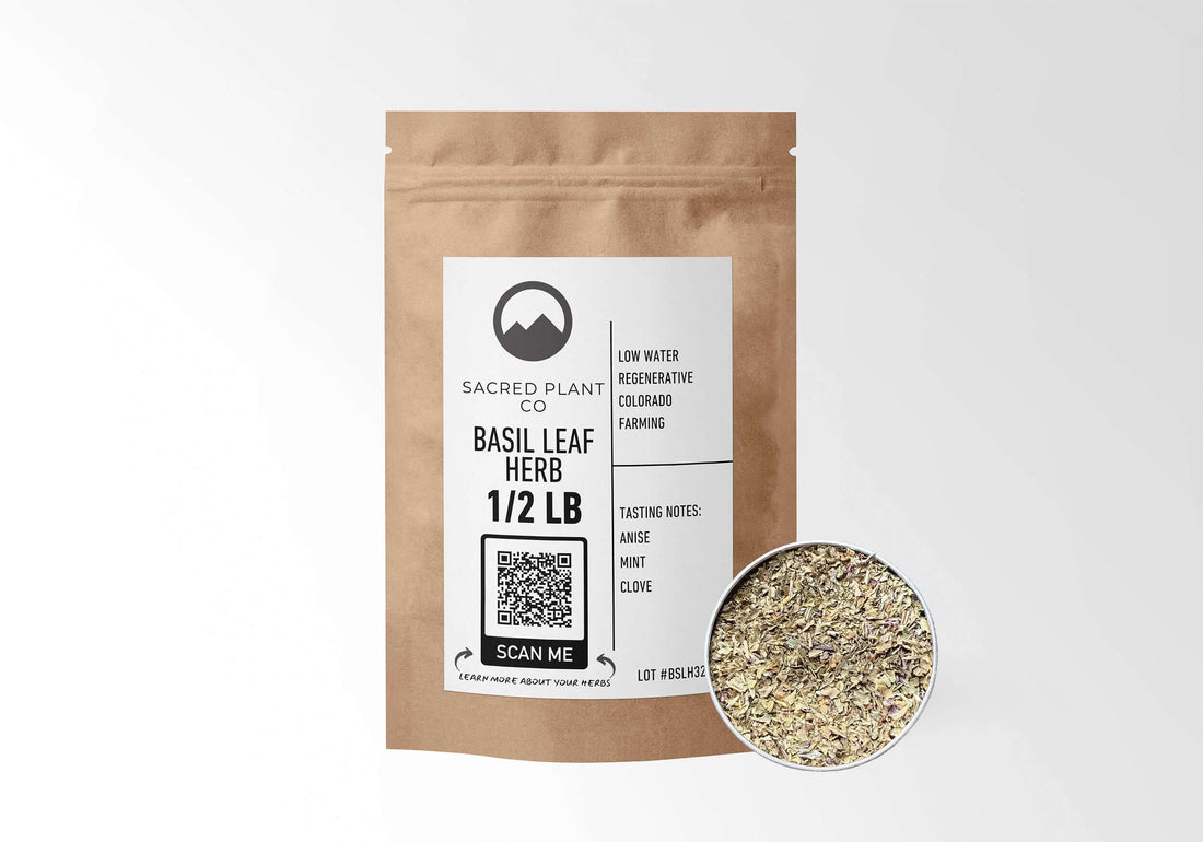 Sacred Plant Co Basil Leaf Herb 1/2 LB in eco-friendly kraft paper packaging, with a sample in a silver tin. Commonly used for culinary purposes, herbal teas, and as a natural remedy to support digestion and respiratory health.