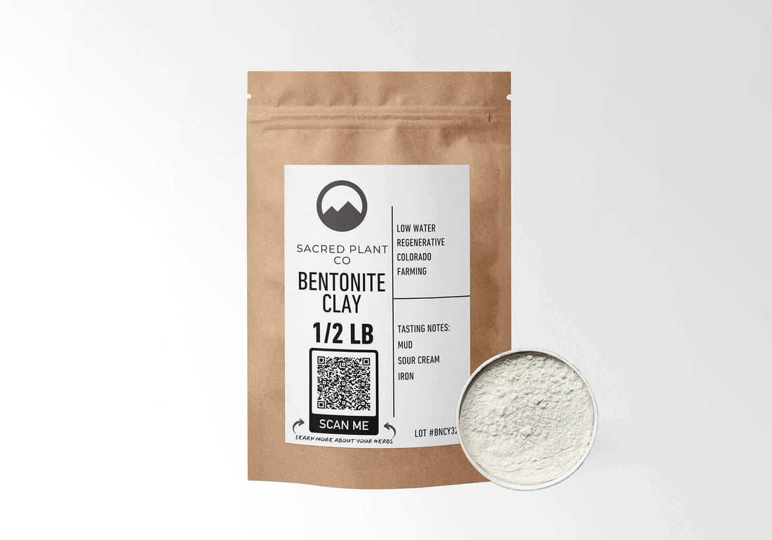 Sacred Plant Co’s ½ lb pouch of Bentonite Clay with a small bowl of powdered clay beside it. Ideal for DIY face masks and skin detox rituals.